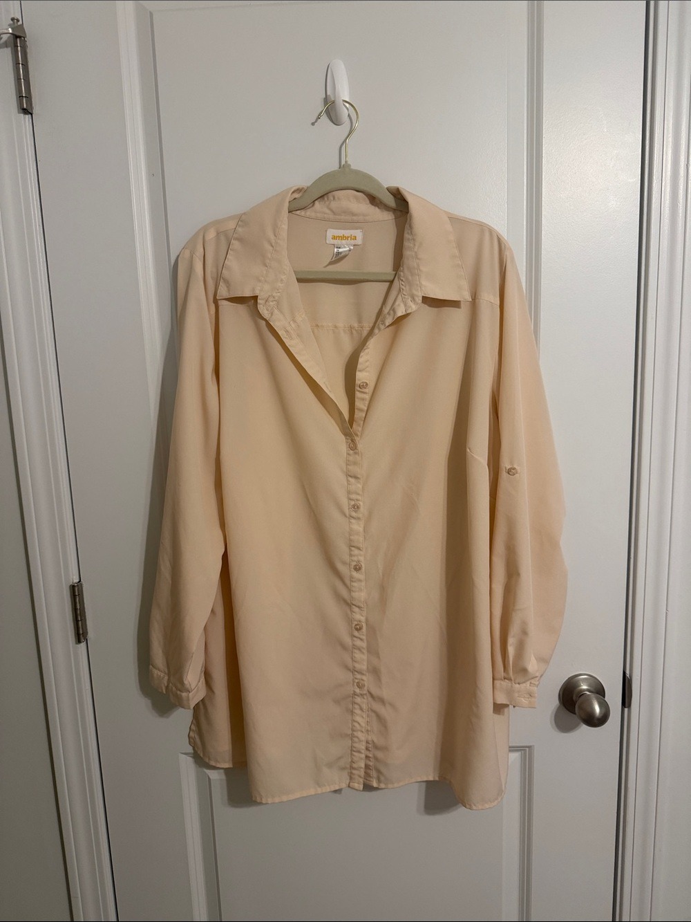 Ambria Cream Button Down Tunic Roll Tab Shirt Plus Size 18